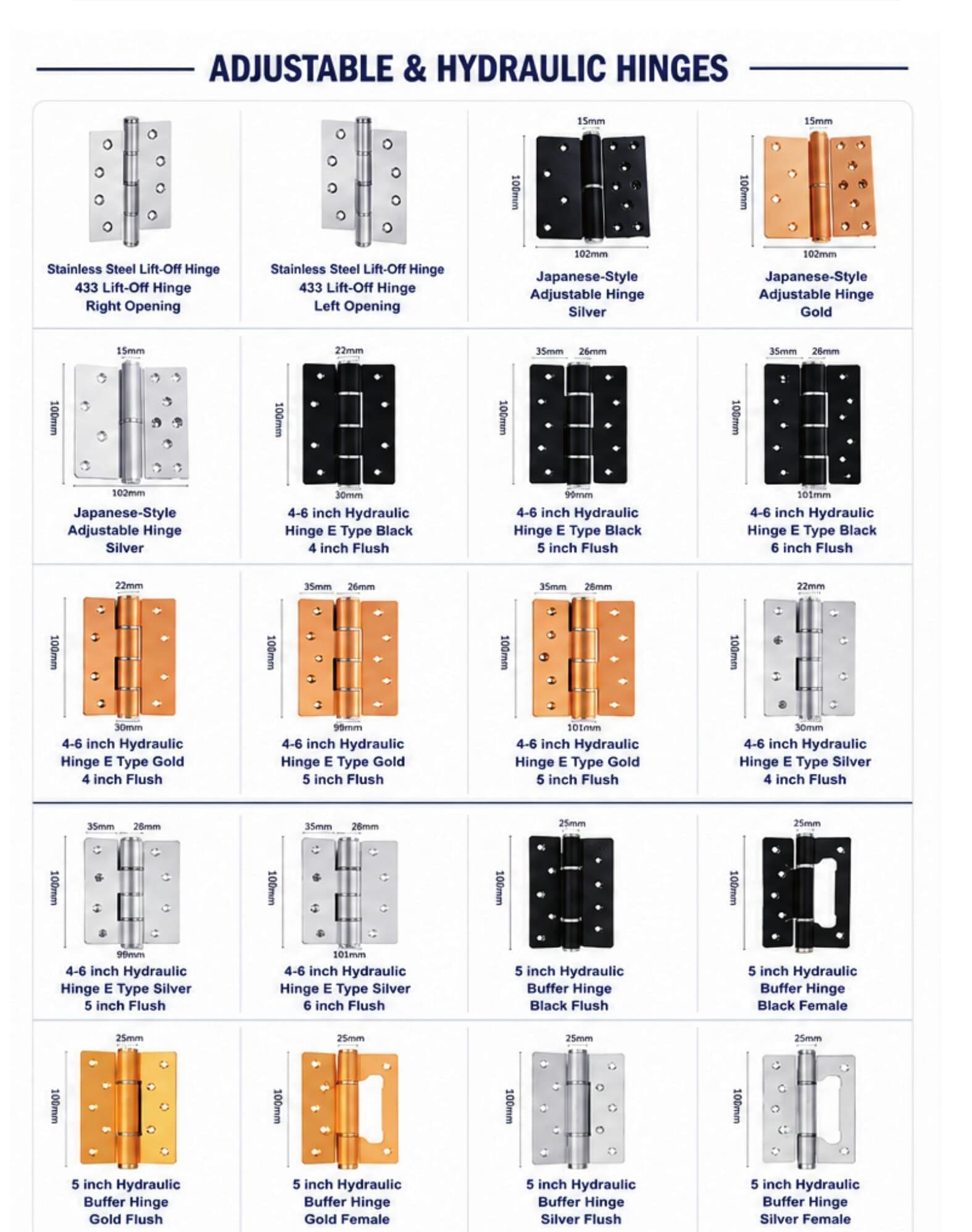OneWPC Door Hinges — Adjustable & Hydraulic (20 models)
