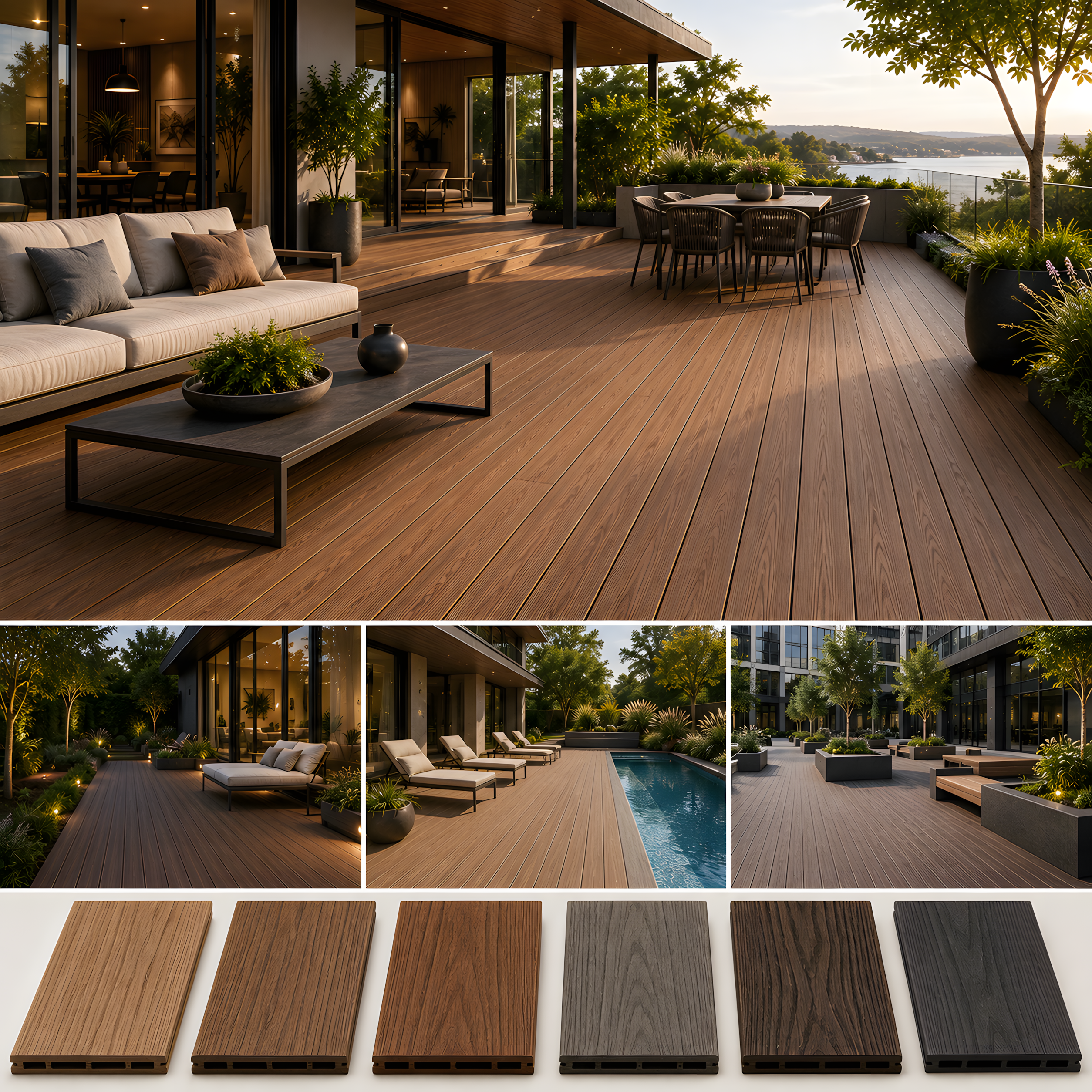 Close-up of WPC decking with a natural wood-grain finish