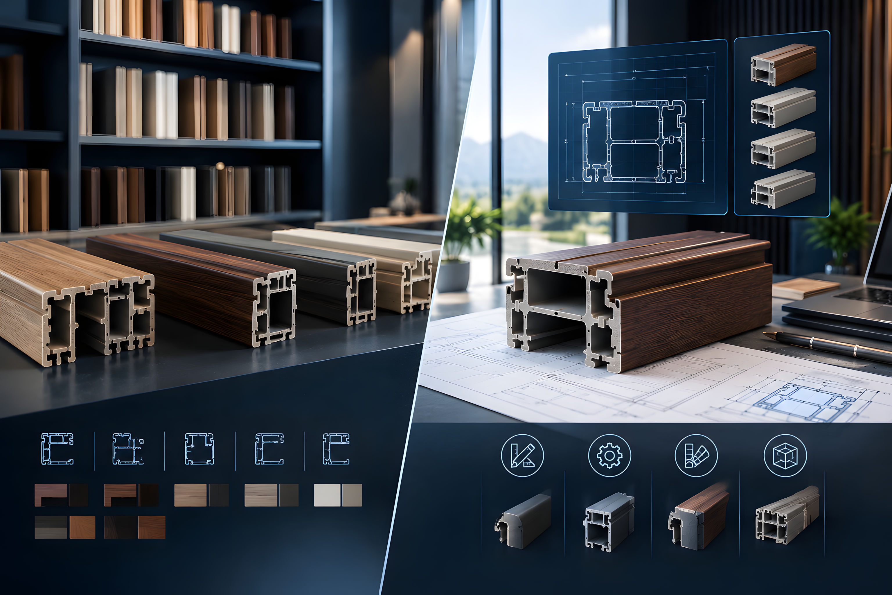 Standard WPC door frame profiles in several finishes beside a custom profile developed from technical drawings